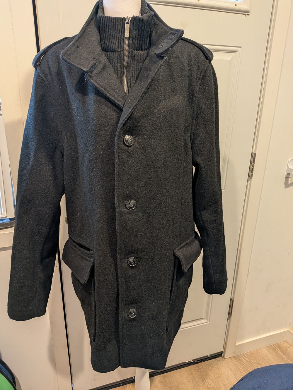 Kenneth Cole Reaction Men's Black Pea Coat with Ribbed Zip Collar